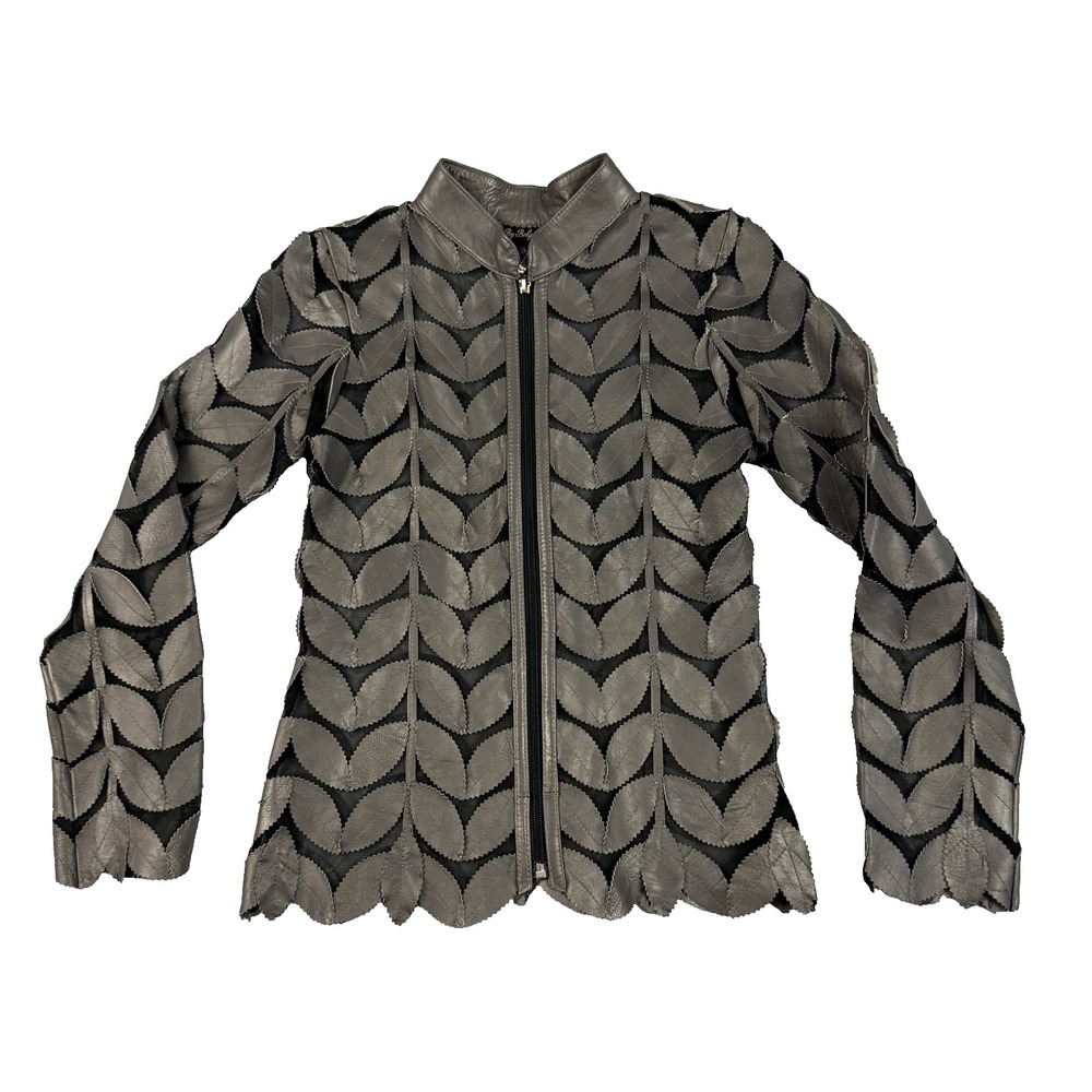 Belgin‎ Francis Jacket Womens 34 Gray Leaf Applique Lambskin Leather Mesh Zip Up
